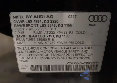 2017 Audi Q3 2.0T Premium from USA, damaged, VIN WA1ECCFS3HR015665